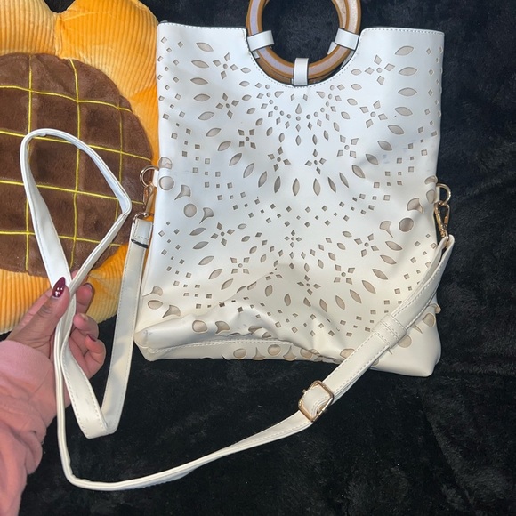 White Crossbody Bag with Intricate Cutout Design - Picture 5 of 5